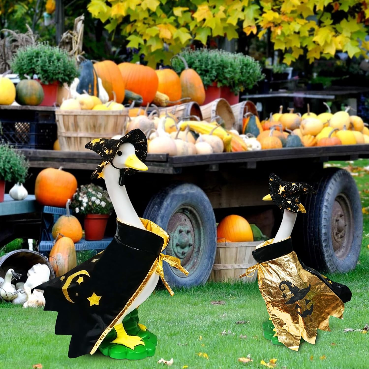 Large White Goose Statue Cygnus, Funny Halloween Big Bird Decor Garden Sculpture with Black Magic Cloak Costume Clothes and Hat Home Porch Patio Pond Yard Art Duck Figurine 19’’ Christmas Decorations