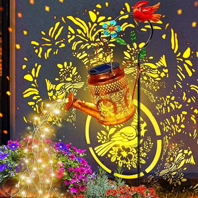 Solar Lights Outdoor Garden Decor, Cardinals Hanging Waterproof Watering Can Lights Outside Decorations for Yard Front Porch Patio Backyard Gift for Mom Grandma Women Birthday （with Shepherd Hook）