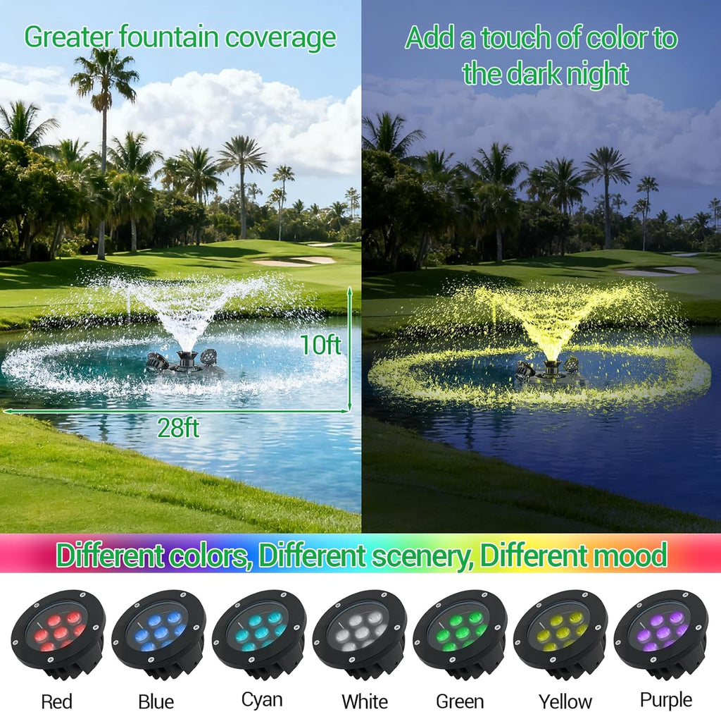 Pond Fountain Aerator with Lights RGB LED, 1HP 750W Floating Fountain System for Outdoor Lake Pond, 110V 15000 GPH Fully Automatic Stainless Steel Fountain Pump with 2 LED Lights 100 Feet Power Cord