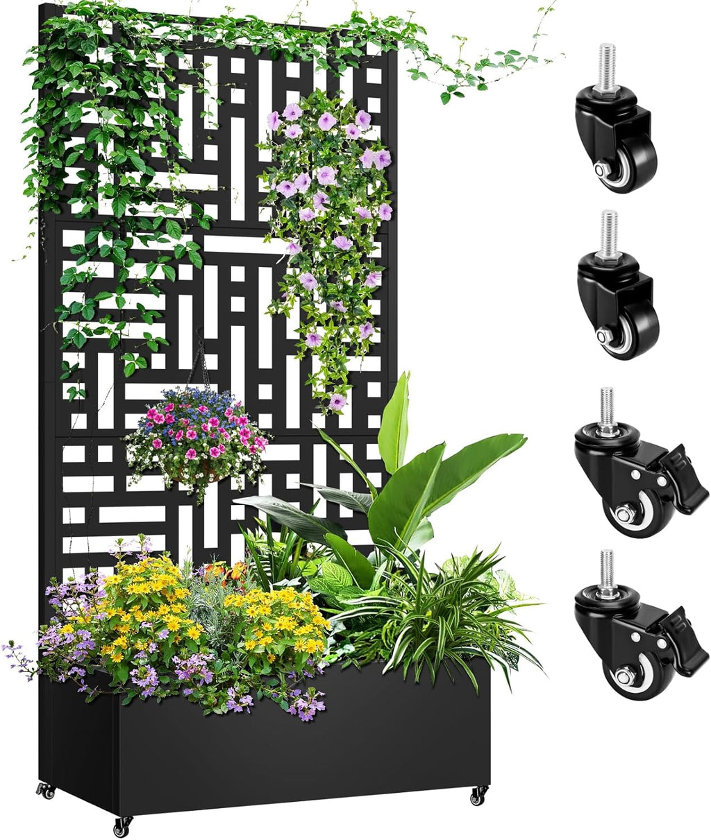 Metal Planter Box with Trellis, 72"x35"x16" Metal Raised Garden Bed with Trellis, Planter Box with Drainage Holes & Lockable Casters for Climbing Plants, Vegetables, and Vines