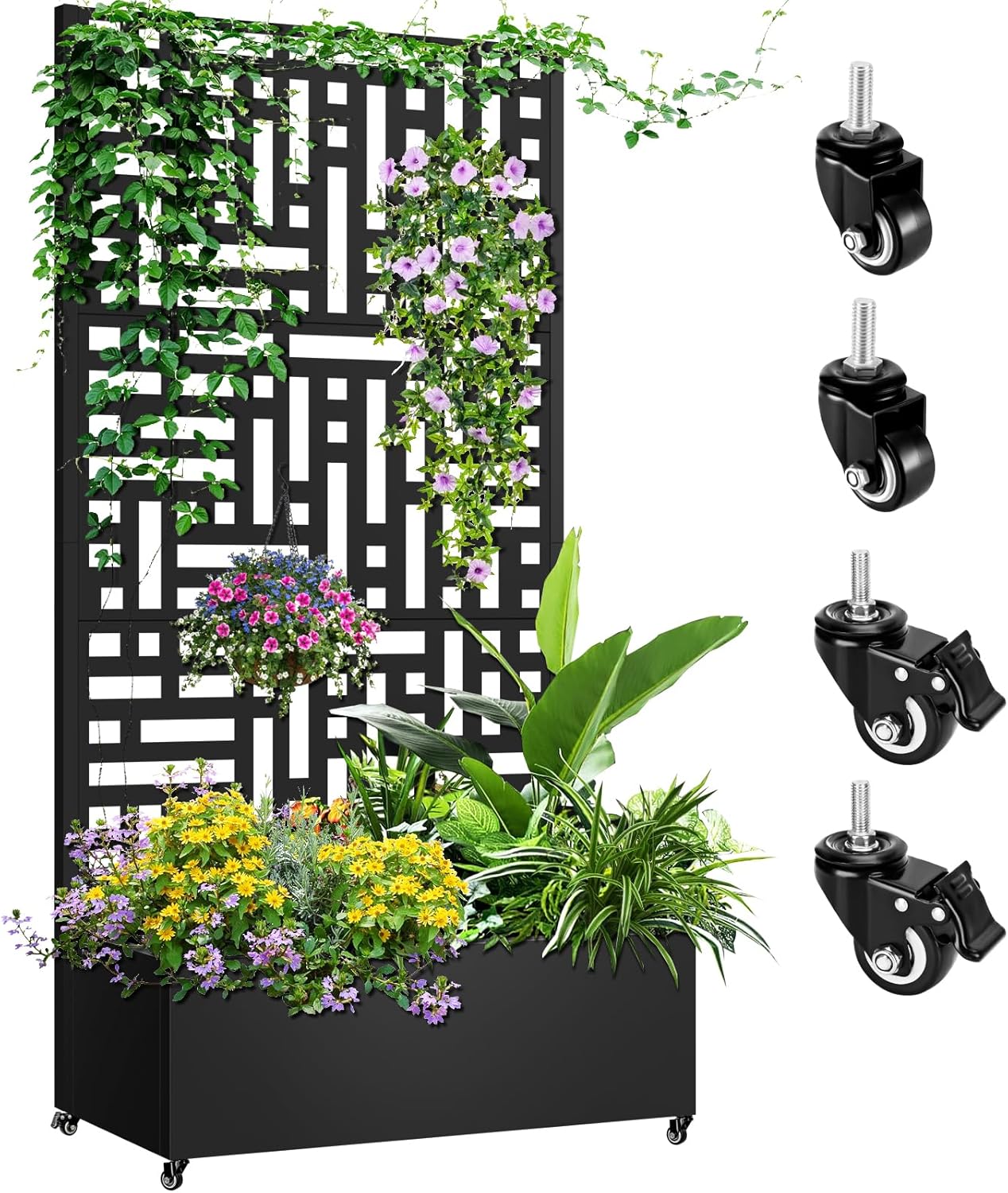 Metal Planter Box with Trellis, 72"x35"x16" Metal Raised Garden Bed with Trellis, Planter Box with Drainage Holes & Lockable Casters for Climbing Plants, Vegetables, and Vines