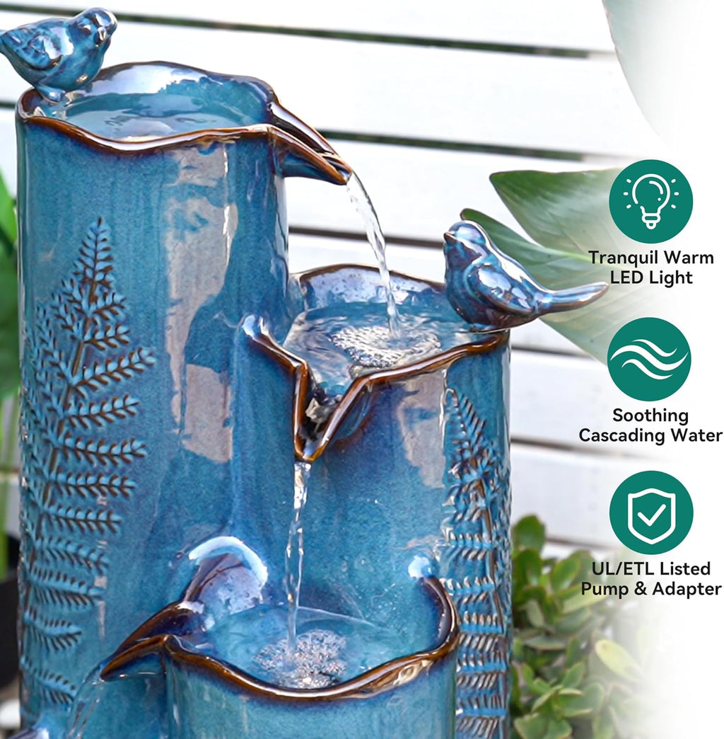 32" Tall Outdoor Fountain, Ceramic Vase Water Fountain withs Lights, 4-Tier Waterfalls with Birds, Tranquil Oasis for Garden Patio Yard Deck Balcony Decor, Tropical Fern, Turquoise Glaze
