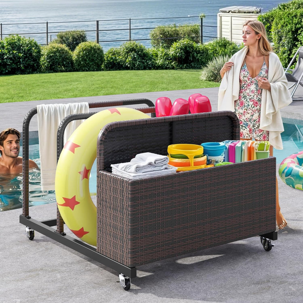 DWVO Pool Float Storage, Pool Storage Bin with PE Rattan,Pool Storage for cushions, Floaties, Noodles, Life Vests, Beach Balls, Patio Furniture (Brown)