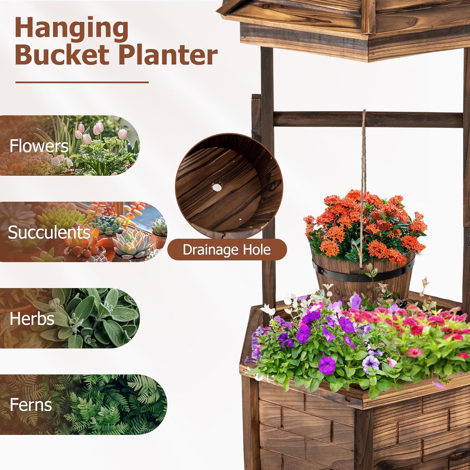 Tangkula Outdoor Wishing Well Planter, Old-Fashioned Wood Wishing Wells for Yard, Rustic Farmhouse Flower Planter Decoration for Garden, Backyard