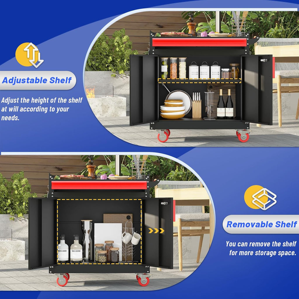 Metal Grill Cart - Outdoor Grill Cart with Storage,Grill Table with Wheels,Outdoor Bar Cart with Adjustable Shelf for Kitchen Prep and Patio BBQ