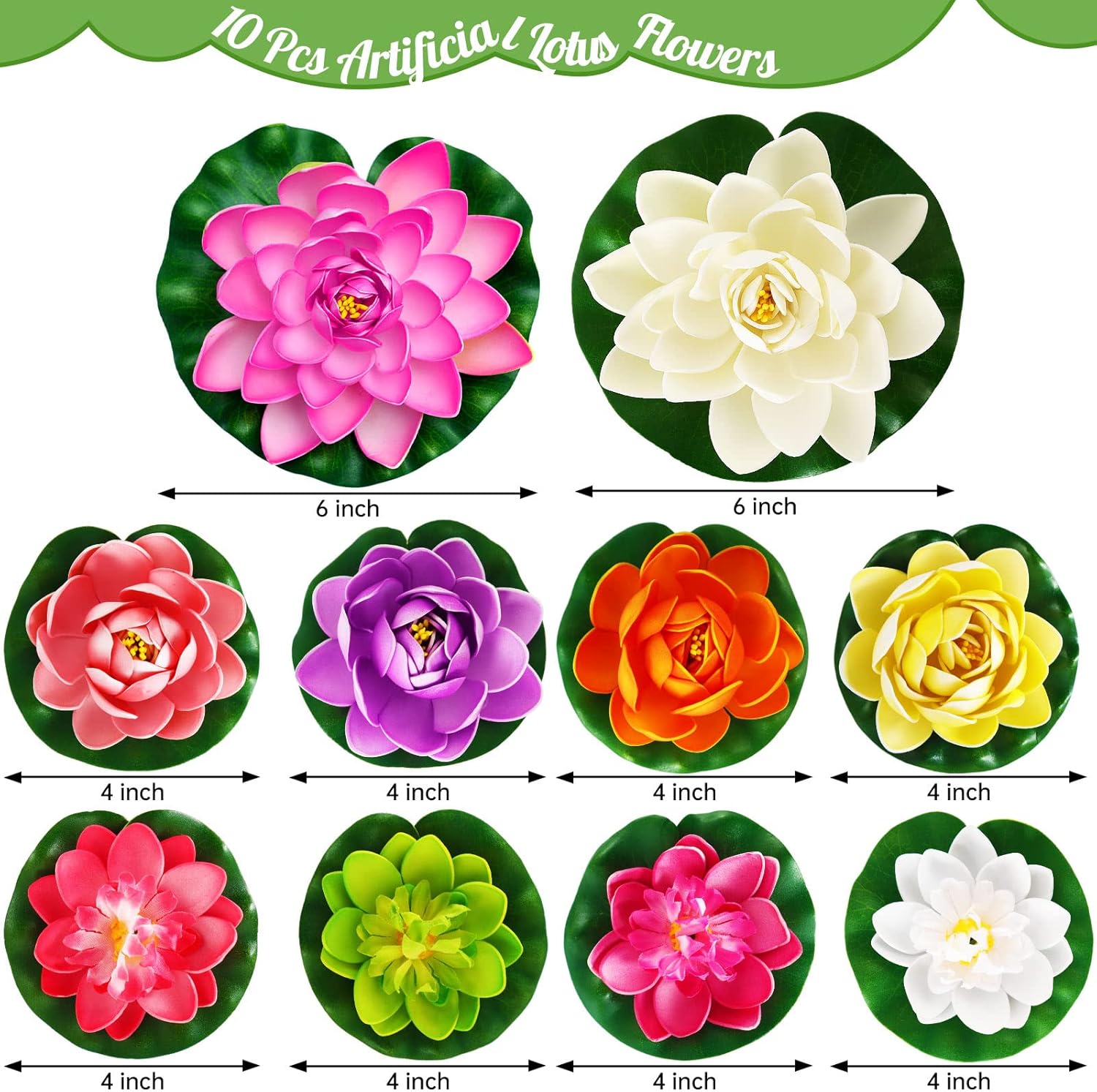 Artificial Lotus Flowers Water Lilies for Pond Pool, 10 Pcs Realistic Floating Foam Lotus Flowers with Lily Pads for Ponds, 4" and 6" Large Lifelike Water Lilies for Fountain Garden Pond Decoration