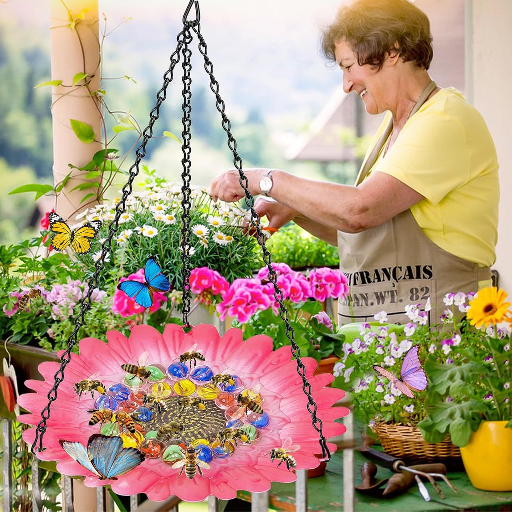 Bee Watering Station for Garden, Bee Bath Feeders for Outside with Vivid Flower Design, Hanging Butterfly Bath Bowl with Glass Balls for Outdoor Courtyard Decoration (1Pcs-Pink)
