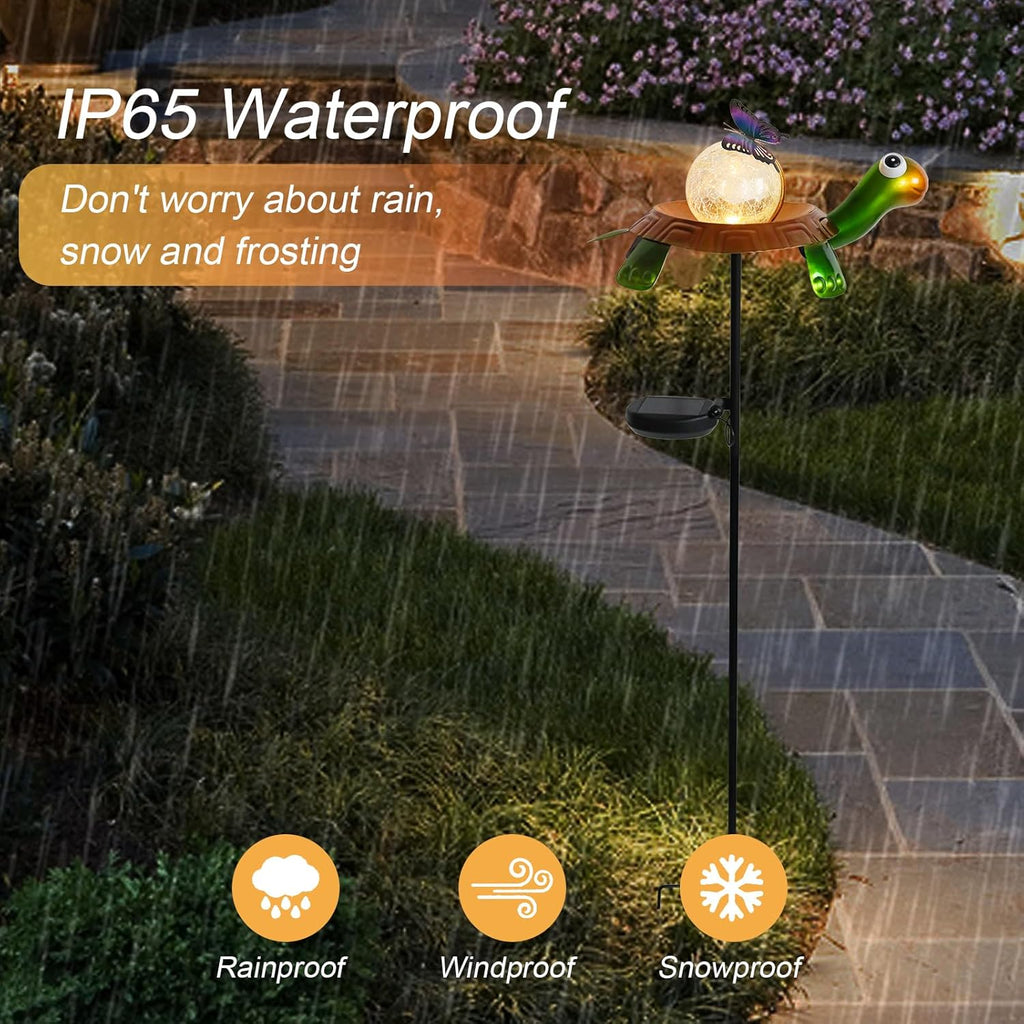 Afirst Solar Lights Outdoor Decorative Metal Turtle Crackle Glass Globe with Butterfly Warm White LED Metal Waterproof Garden Stake Lights for Walkway Pathway Lawn Patio Yard Decorations