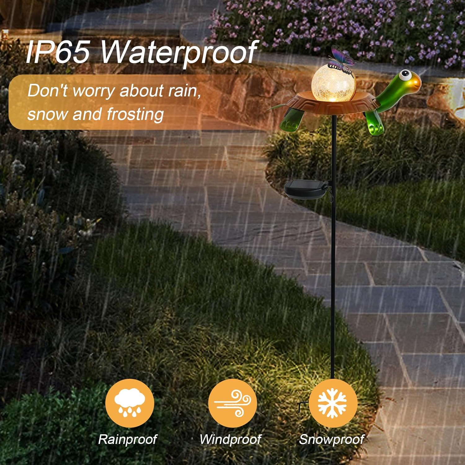 Afirst Solar Lights Outdoor Decorative Metal Turtle Crackle Glass Globe with Butterfly Warm White LED Metal Waterproof Garden Stake Lights for Walkway Pathway Lawn Patio Yard Decorations