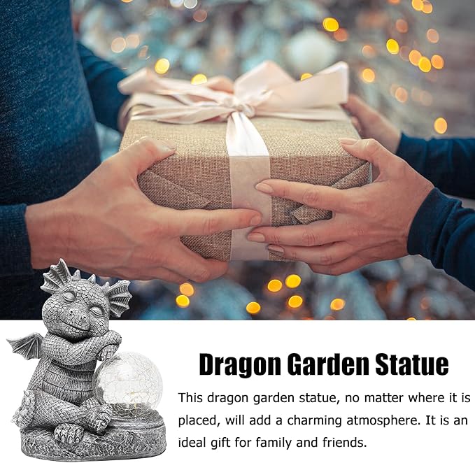 Garden Outdoor Dragon Statue Holding Solar Magic Orb LED Light Resin Adorable Baby Dragon Figurines for Patio Balcony Yard Lawn Garden Unique Housewarming Gift for Mom Grandma
