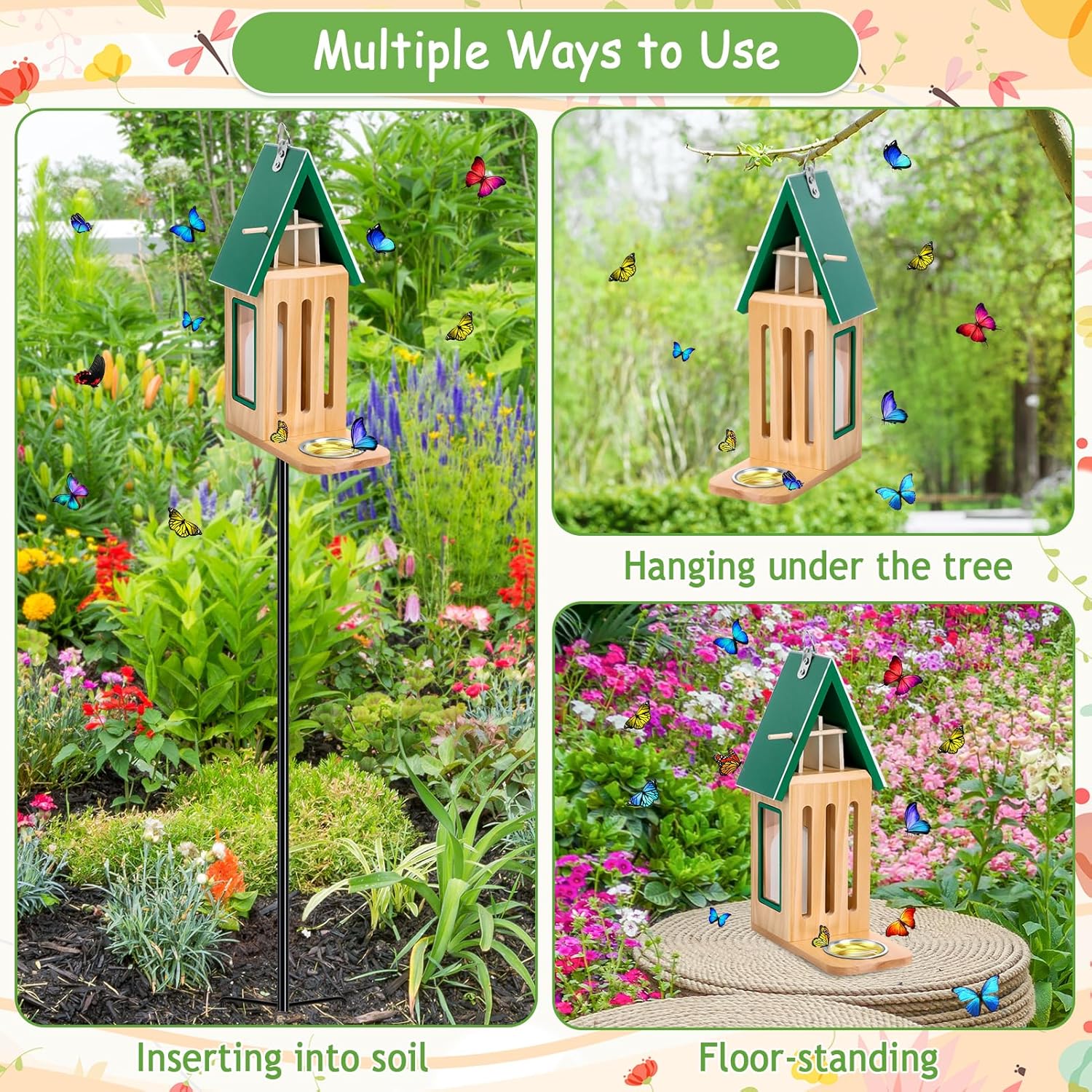 New Upgraded Butterfly House and Feeder for Outside - Wooden Butterfly House with Metal Stake for Garden Backyard, Natural Butterflies Habitat with Puddler on Floor or Hanging on Tree Wall