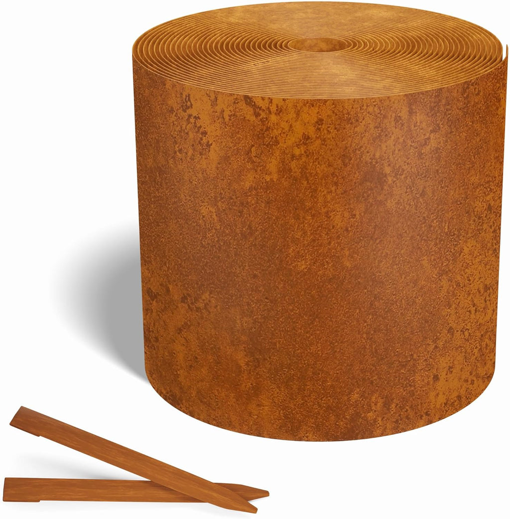 Worth Galvanized Steel Landscape Edging 10" x50' Metal Garden Edging Roll Flexible Bender Border with 16Pcs Stakes for Lawn, Flower Bed Edges, Rust-Like Color