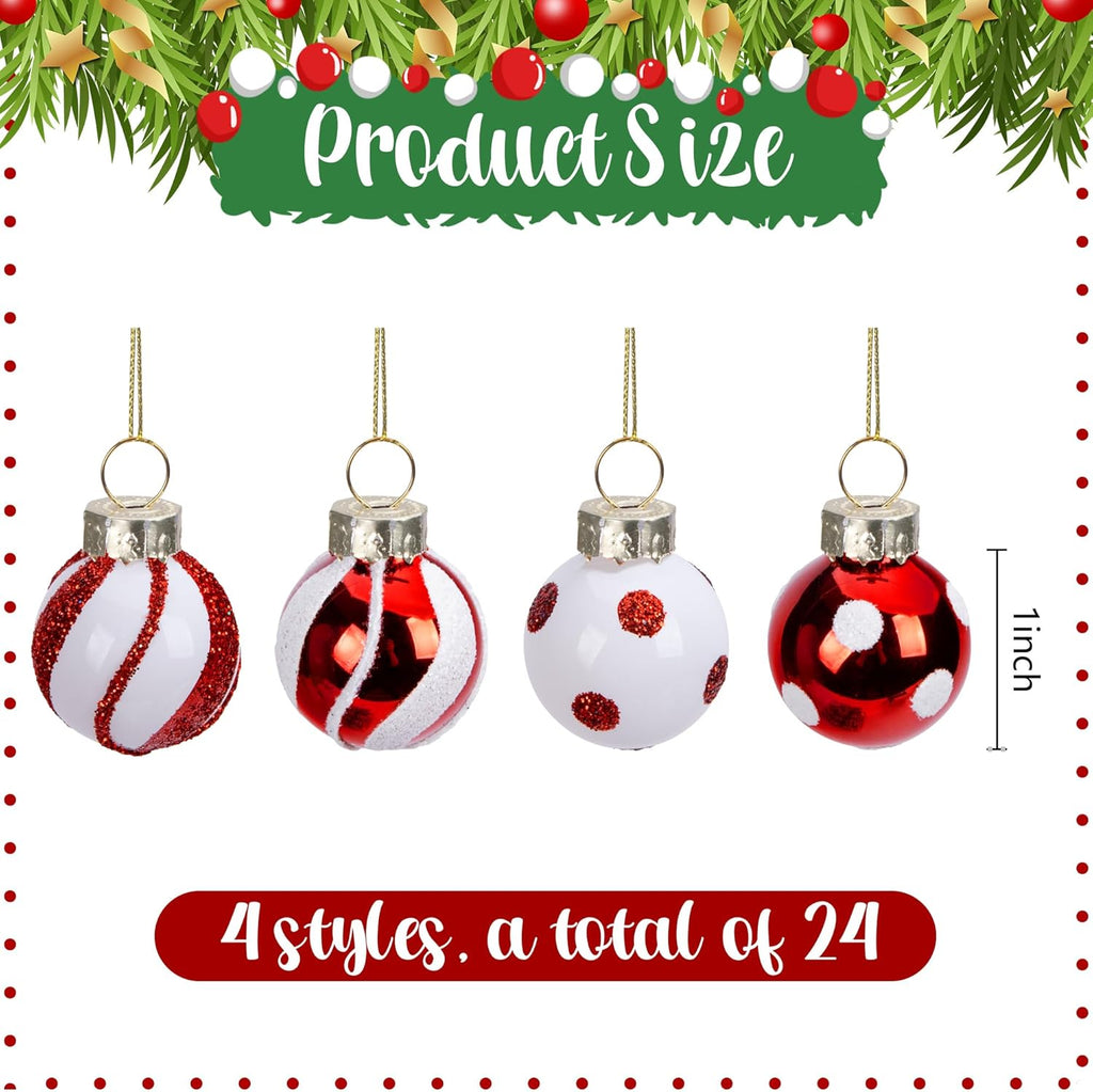 Watayo 24 Pcs Christmas Candy Balls Glass Ornaments, 1" Mini Glass Candy Balls Hanging Ornament, Sweet Red White Candies Ball Ornaments for Christmas Tree Holiday Party Decoration
