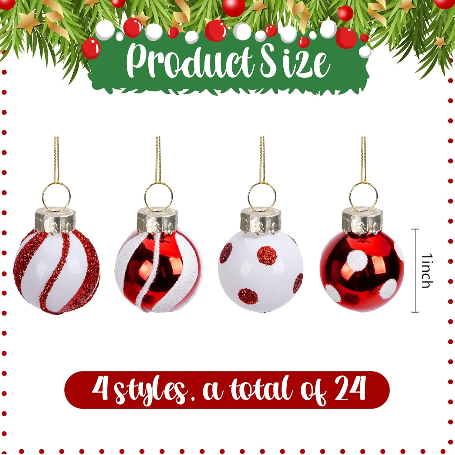 Watayo 24 Pcs Christmas Candy Balls Glass Ornaments, 1" Mini Glass Candy Balls Hanging Ornament, Sweet Red White Candies Ball Ornaments for Christmas Tree Holiday Party Decoration