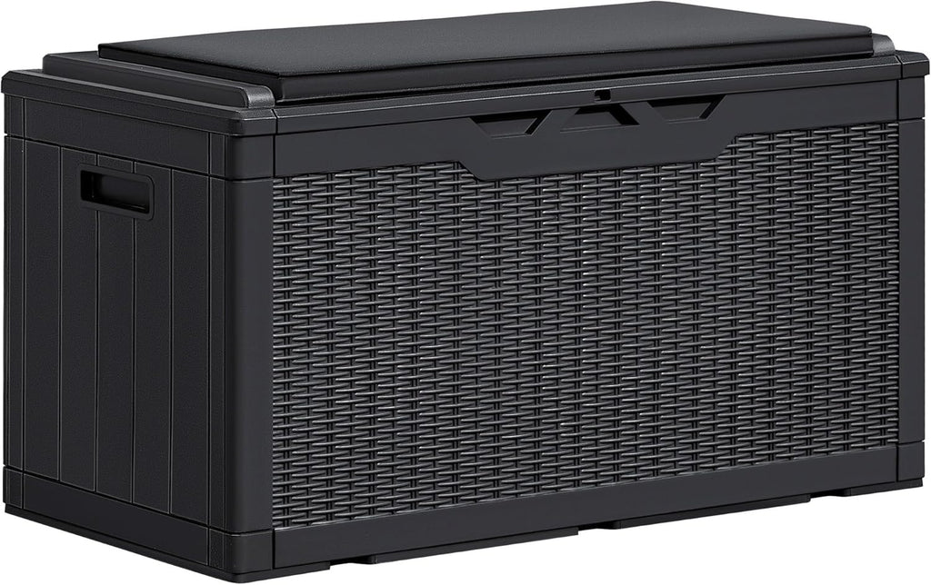 Greesum 100 Gallon Resin Deck Box Large Outdoor Storage Boxes with Cushions for Garden Tools, Patio Furniture Pillows, Pool Supplies, Black