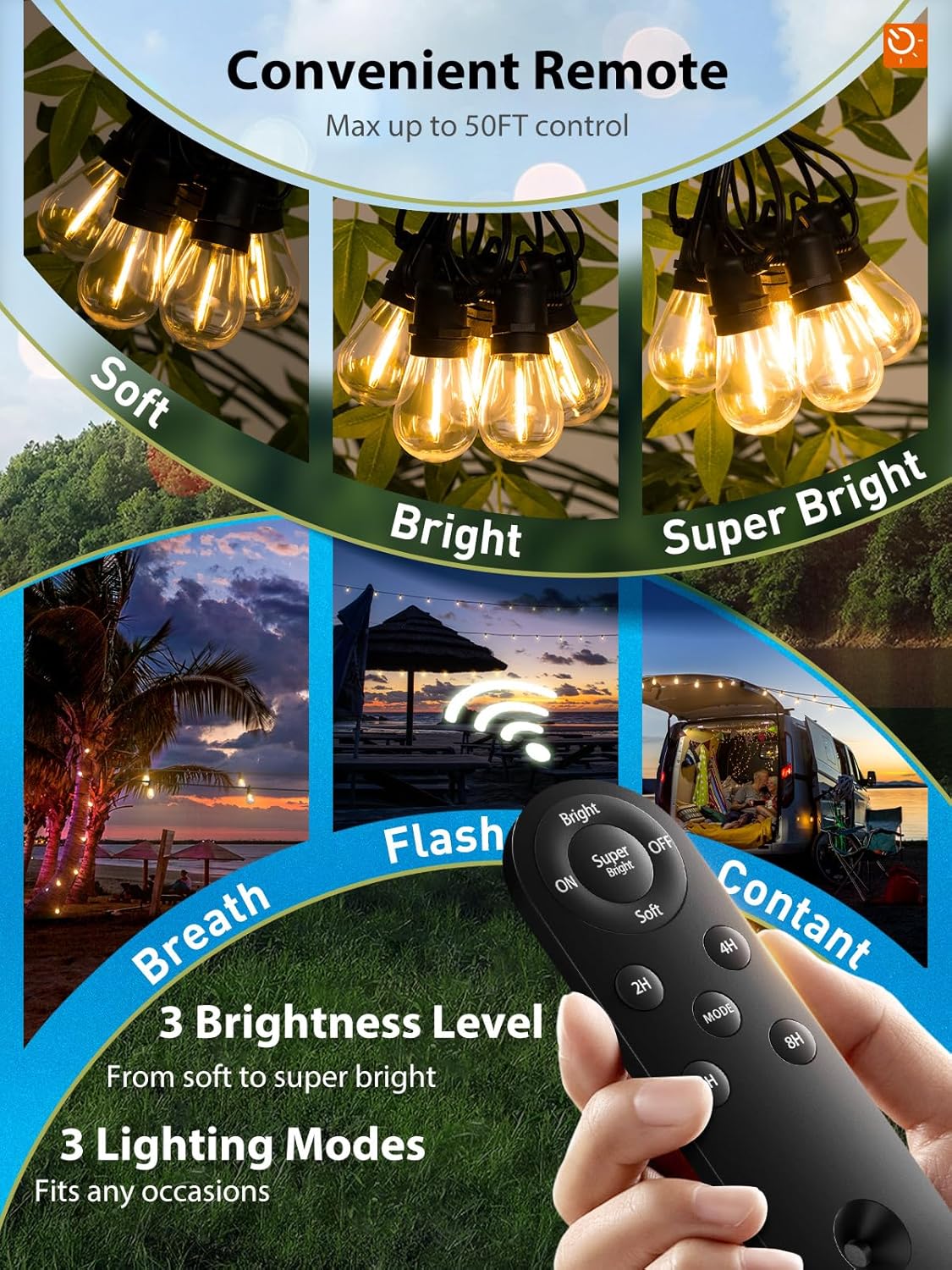 KYY 54FT Solar String Lights Outdoor Waterproof with USB Charging & Remote, Dimmable & Timable, Solar Powered Patio Lights with LED Shatterproof Bulbs for Deck Backyard Porch Garden Camping