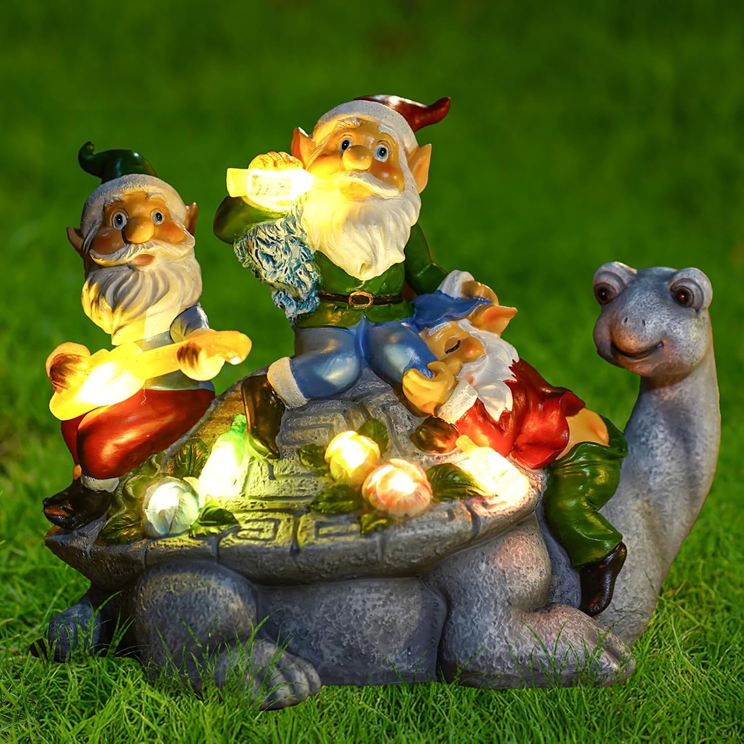 Upgraded Size Solar Garden Outdoor Statues Three Gnomes having party on turtle with 7 LED Solar Figurine for Lawn,Patio,Balcony,Yard Decor Unique Housewarming Gift, for grandfather, Father,Grandma,Wen