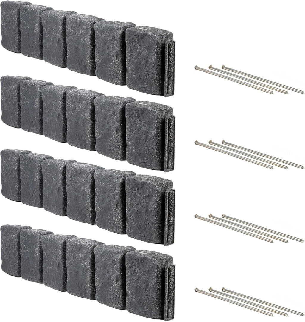 Beuta Landscape Edging | Garden Edging Border | Faux Stone Block XL for Lawn Edging, Flower Beds & Yard Edging – 4 Pack | Each Section Has 6 Blocks 48" L x 4" W x 9.5" H | 12 Spikes | Charcoal