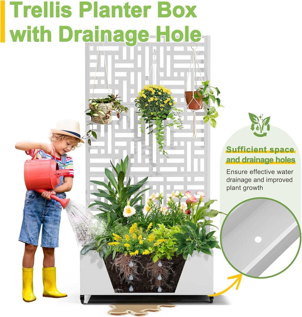 FENCY Metal Raised Garden Bed with Wheels and Trellis,73"x35"x16" Planter Box for Climbing Plants, Vegetables & Vines, Features Privacy Screen and Drainage Holes (White-Geometric Lattice)