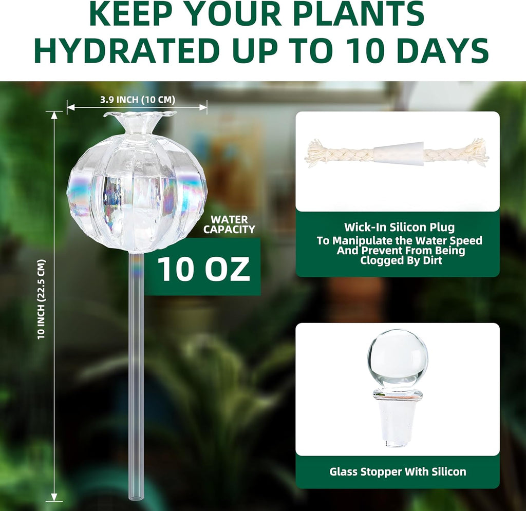 10 oz Large Top Fill Cactus Plant Watering Globes, Light Iridescent Glass Water Bulbs, Slow Release Self Watering Devices, Vacation Plant Watering System Self Watering Planter Insert, 4 Pack