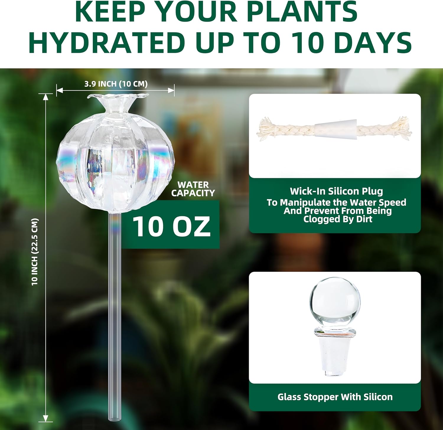 10 oz Large Top Fill Cactus Plant Watering Globes, Light Iridescent Glass Water Bulbs, Slow Release Self Watering Devices, Vacation Plant Watering System Self Watering Planter Insert, 4 Pack