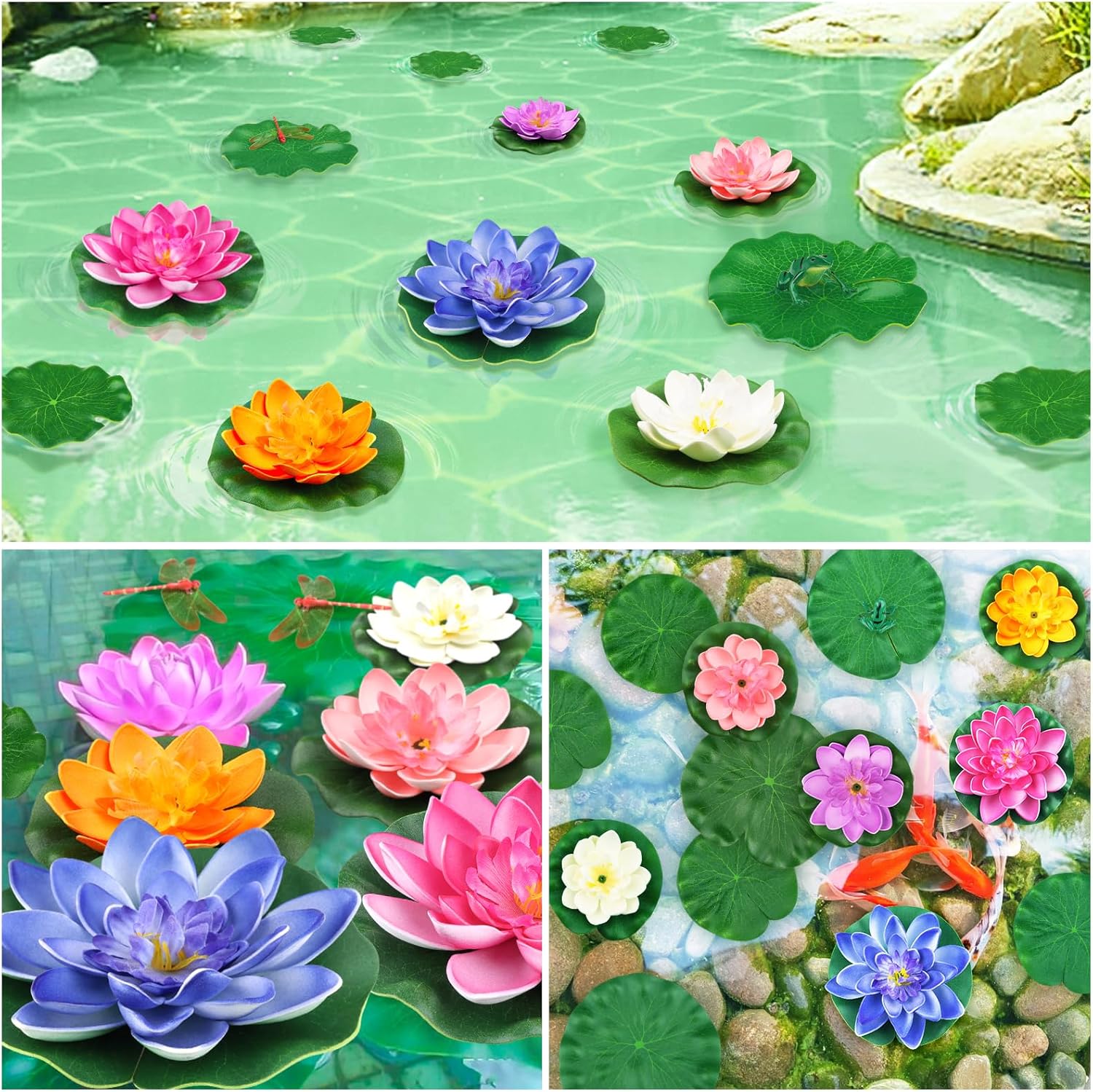 22 Pack Artificial Floating Foam Lotus Flowers with Artificial Frog Lotus Leaves, Lily Pads for Lake, Pond Plants Ornaments for Pool Water Decoration, Colorful