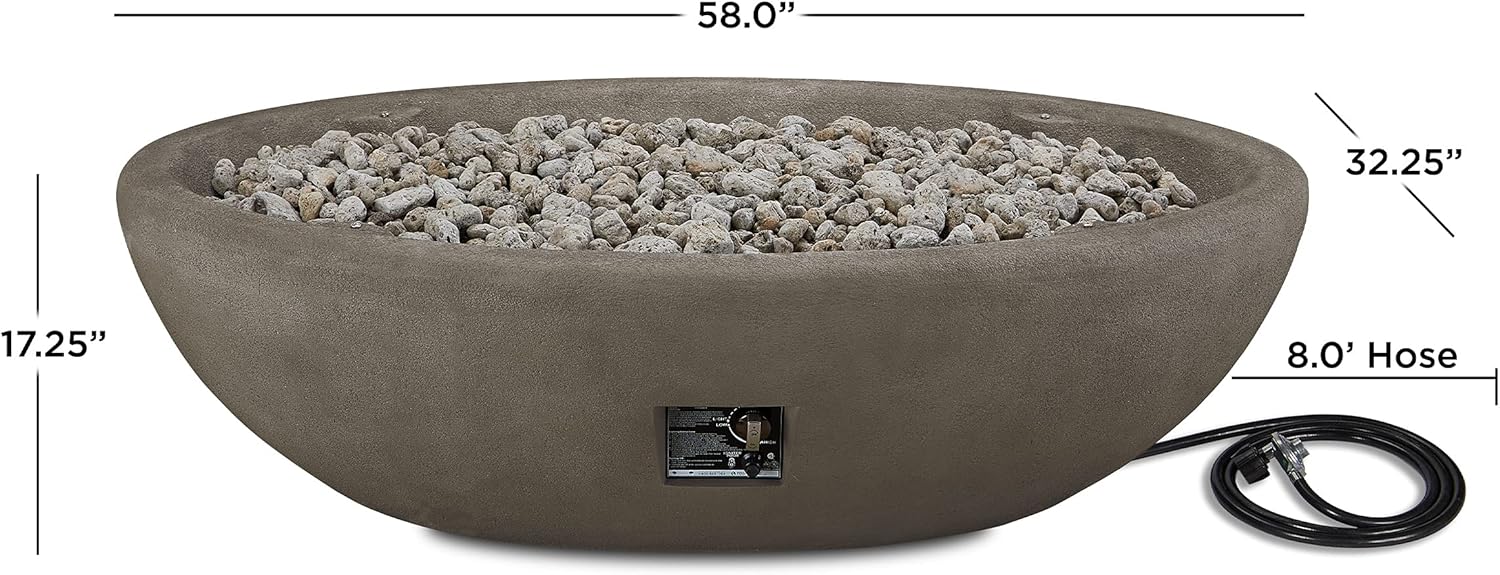 Real Flame Riverside 58" Oval Propane Fire Pit Bowl, Push-Button Ignition, Includes 28" Stainless Steel Burner, Lightweight 50,000 BTUs of Heat - Adjustable Flame Height