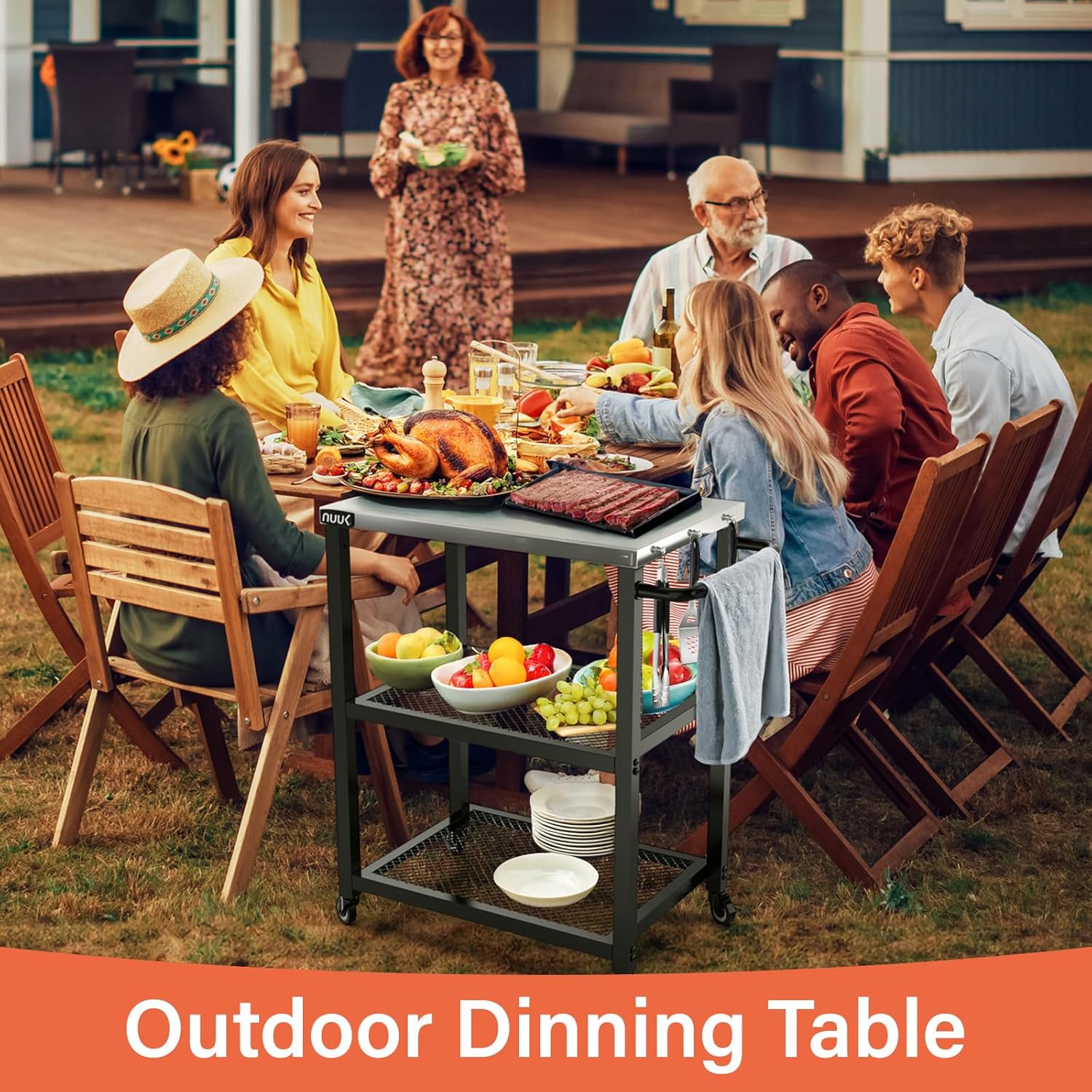 NUUK 3-Shelf Grill Cart 16" x 24" Outdoor BBQ Table with Stainless Steel Top Rolling Pizza Oven Carts for Outside Dining Tables