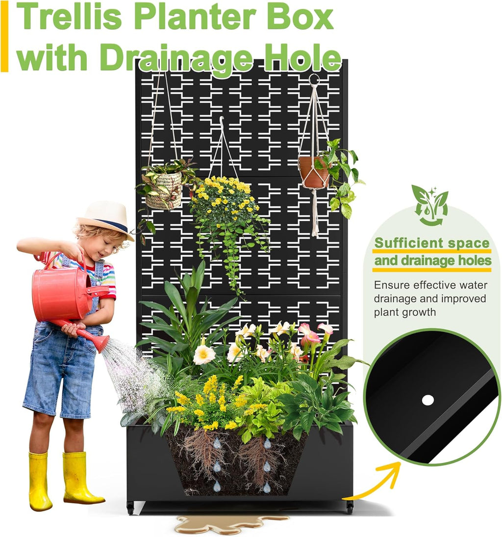 FENCY Metal Raised Garden Bed with Wheels and Trellis,73"x35"x16" Planter Box for Climbing Plants, Vegetables & Vines, Features Privacy Screen and Drainage Holes (Black-Brick)