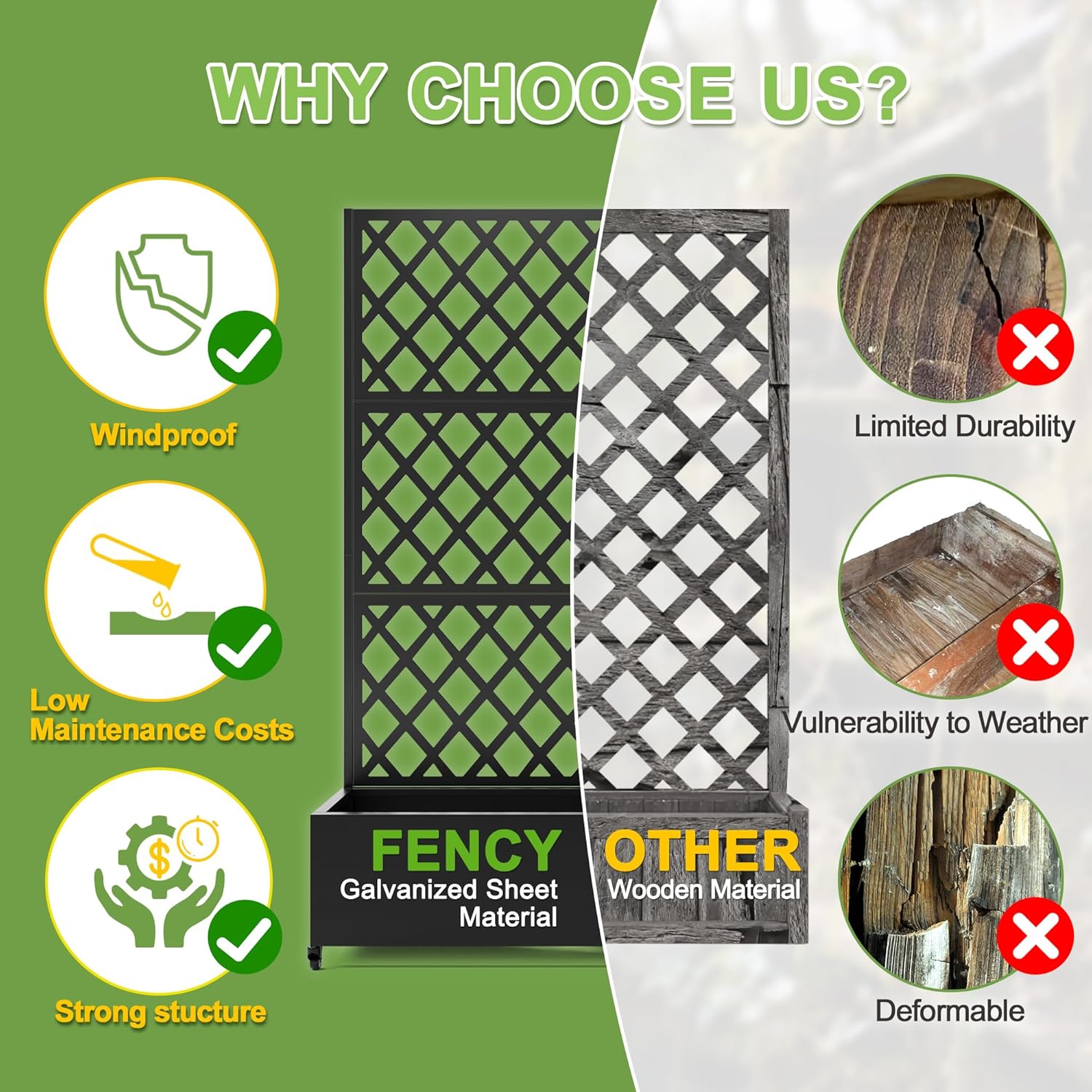 FENCY Metal Planter Box with Diamond Lattice Trellis Planter Box for Climbing Plants/Vines, Galvanized Raised Garden Bed On Wheels, Garden Bed with Trellis(73"x35" Black)