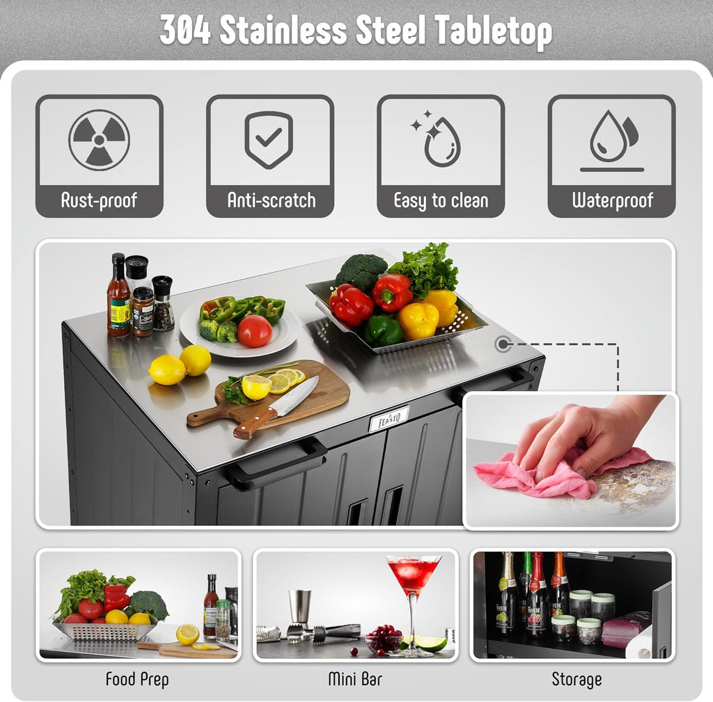 Grill Table, Outdoor Bar Cart Grill Cart with Storage Cabinet,Modular Outdoor Kitchen Island, Outdoor Grill Station with 304 Stainless Steel Top,Pizza Oven Table for Lawn & Garden,L35.4” x W24”