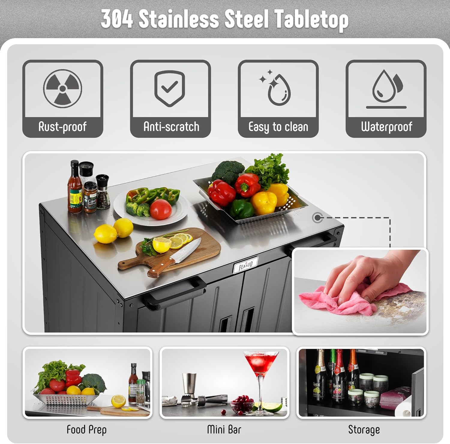 Grill Table, Outdoor Bar Cart Grill Cart with Storage Cabinet,Modular Outdoor Kitchen Island, Outdoor Grill Station with 304 Stainless Steel Top,Pizza Oven Table for Lawn & Garden,L35.4” x W24”