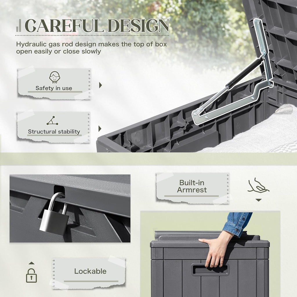 Greesum 100 Gallon Resin Deck Box Large Outdoor Storage with Cushions for Patio Furniture, Garden Tools, Pool Supplies, Weatherproof and UV Resistant, Lockable,Gray