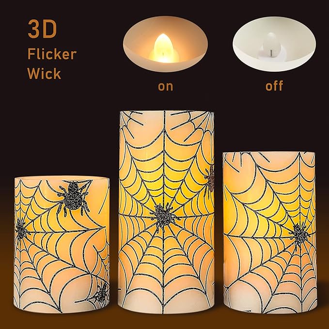 Spider Web Decor Flameless Candles Battery Operated with Remote Timer Haunted House Spooky Decorations Set of 3 Real Wax Black LED Flickering Candles Decorative for Halloween Decor Party