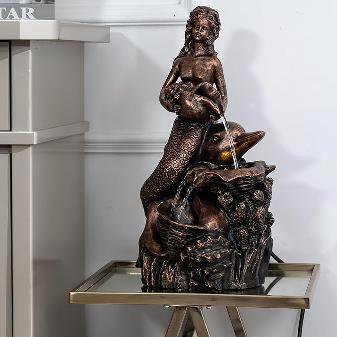 TERESA'S COLLECTIONS Mermaid Water Fountains Outdoor with LED Light Auto Slient Pump, Large Water Features for Yards Patio Garden Balcony Porch, Mermaid Garden Gifts for Mom, 21"