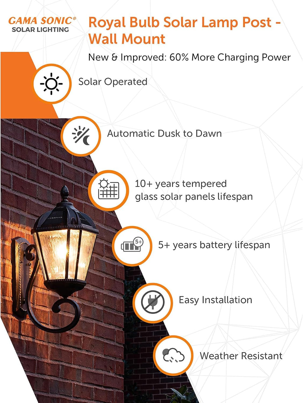 Gama Sonic Solar Outdoor Wall Light, Royal Bulb Exterior Sconce Lamp, Brushed Bronze Finish Aluminum, Clear Beveled Glass, Warm White LED, Large 21-Inch Height, 98B110 Upgraded Panel and Battery