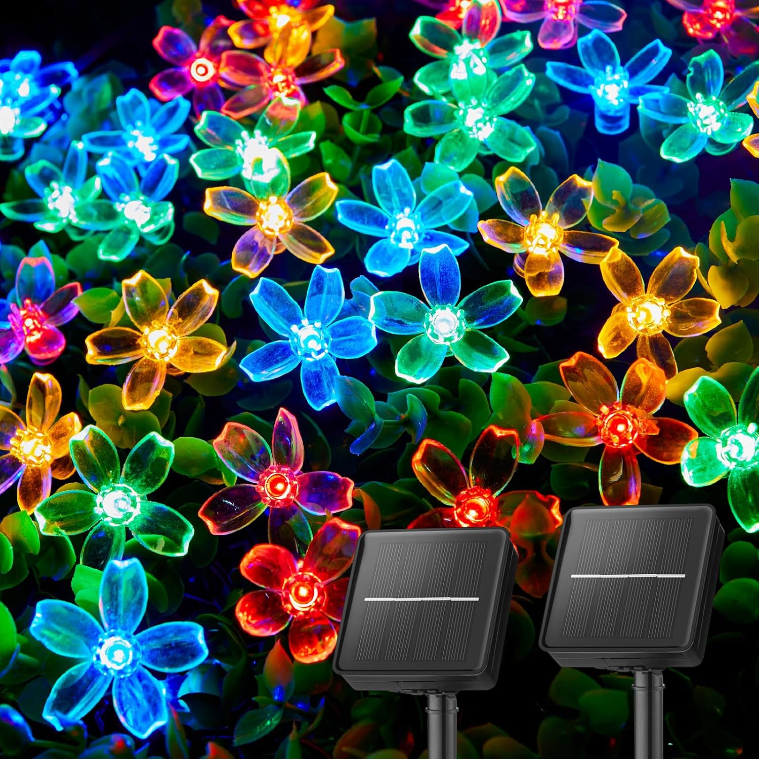 Brightown 2 Pack Total 52FT 120 LED Flower Solar String Lights Outdoor Waterproof Fairy Lights for Garden Yard Fence Patio Christmas Tree Wedding Party Decor, Multicolor
