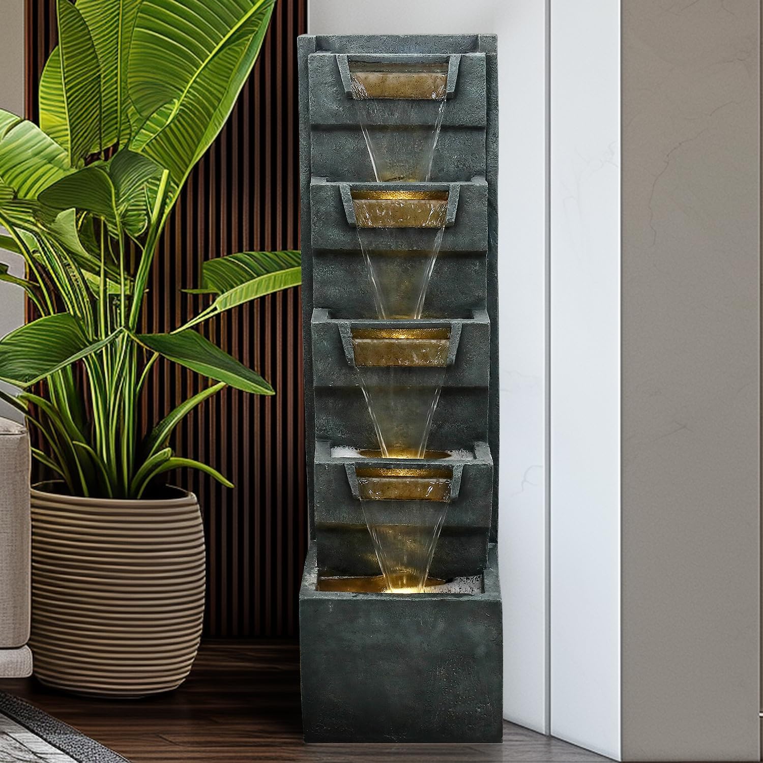 SunJet 39.3inches High Modern Water Fountain – 5-Tier Outdoor/Indoor Water Fountain with Soothing Water Sounds & Warm LED Light, Perfect for Garden, Patio, Home & Office