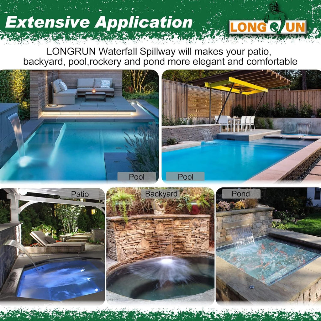 LONGRUN Acrylic Waterfall Spillway Multi-Color LED Light Pool Fountain, Water Spillway Outdoor Koi Pond Waterfalls Fountains Kit for Garden Koi Ponds Patio Swimming Pool Decoration-35.4"