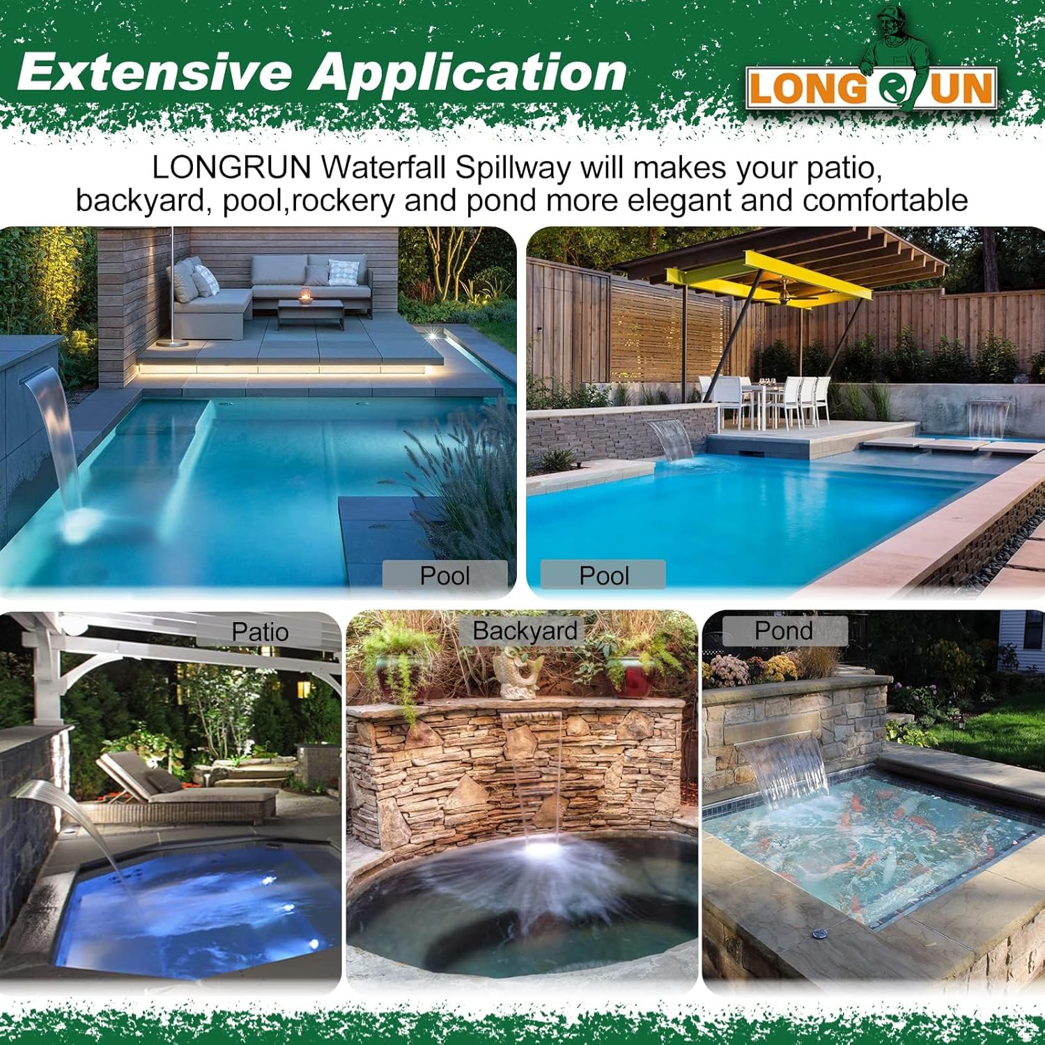 LONGRUN Acrylic Waterfall Spillway Multi-Color LED Light Pool Fountain, Water Spillway Outdoor Koi Pond Waterfalls Fountains Kit for Garden Koi Ponds Patio Swimming Pool Decoration-35.4"