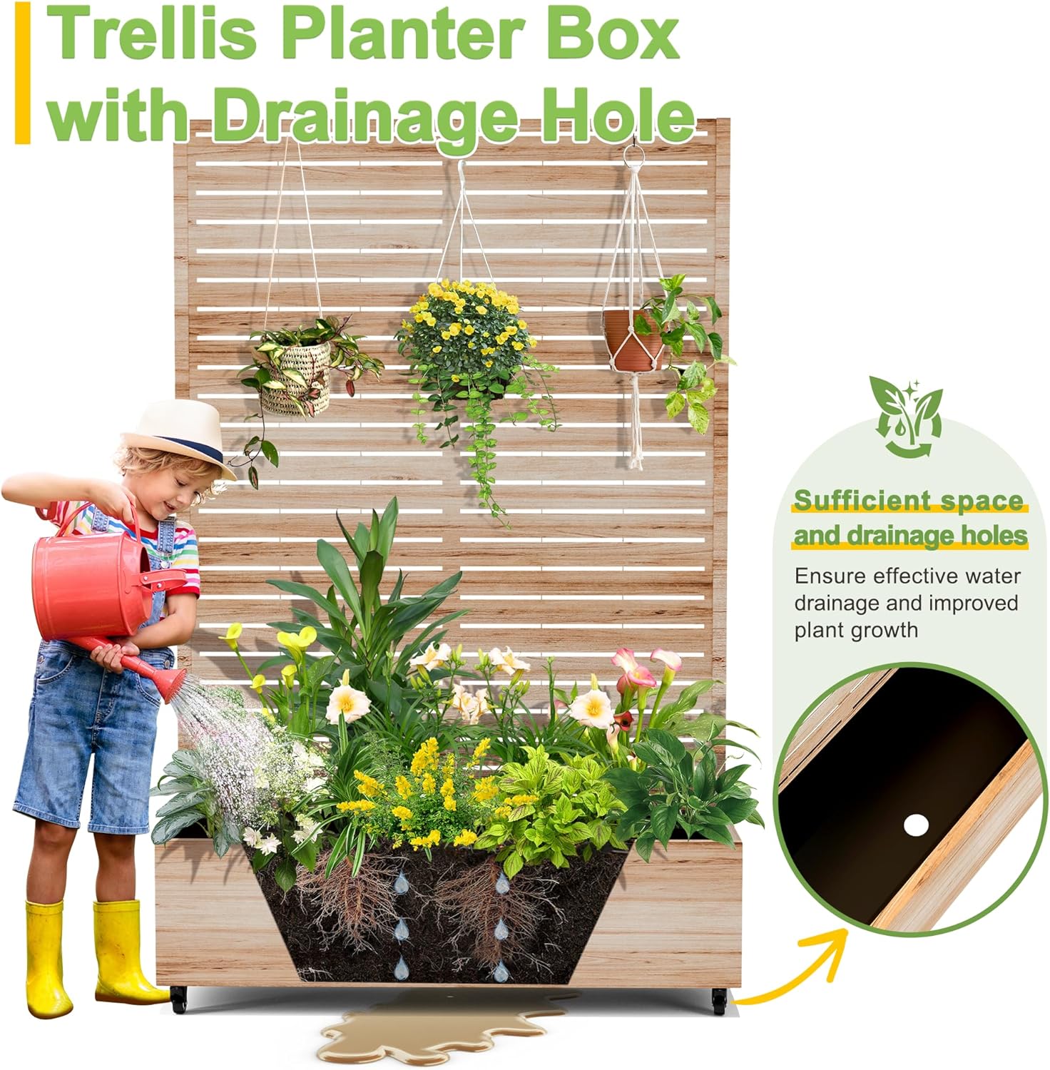 FENCY Metal Raised Garden Bed with Wheels and Trellis,73"x47"x16" Planter Box for Climbing Plants, Vegetables & Vines, Features Privacy Screen and Drainage Holes (Acacia Wood Finish)