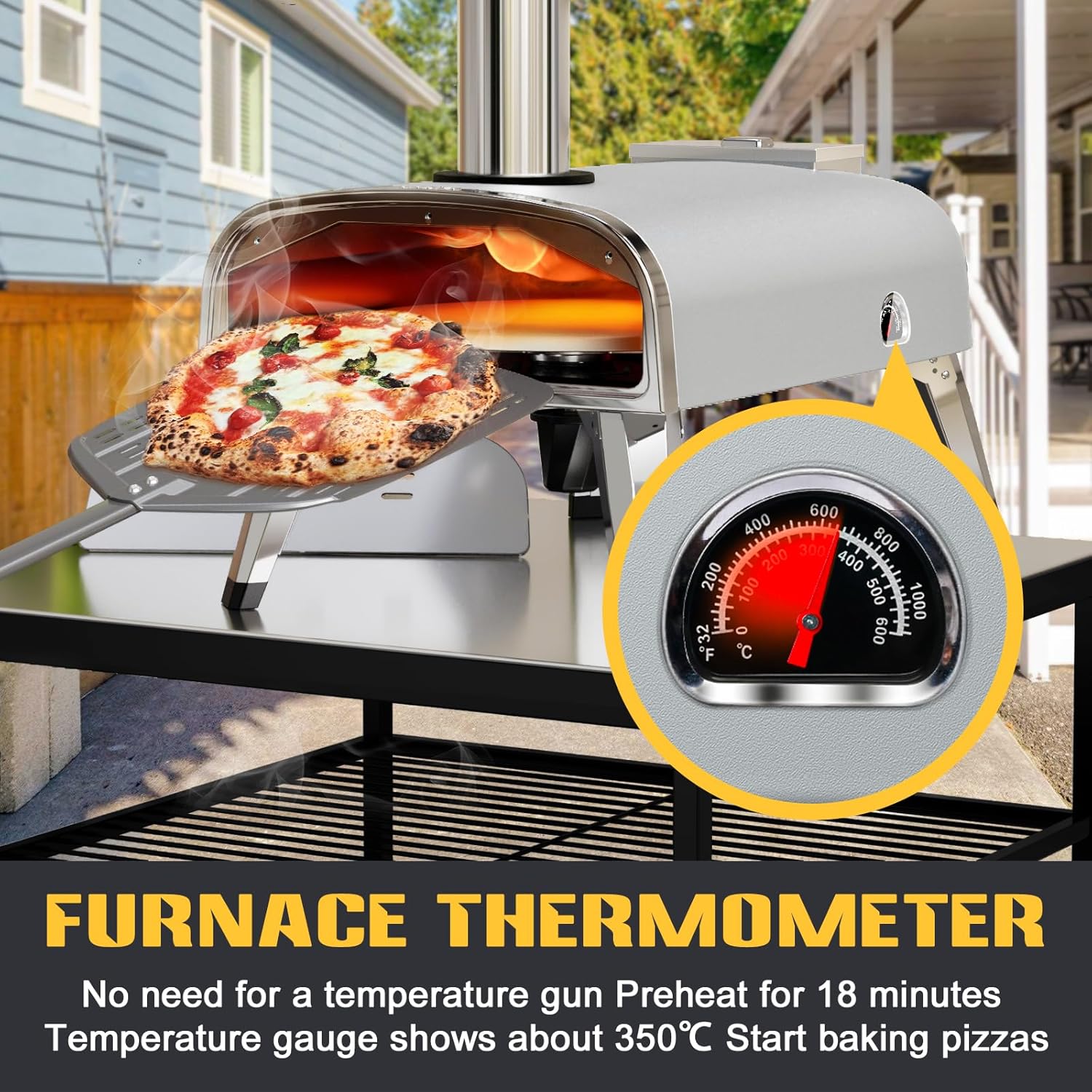Outdoor Pizza Oven 12" Wood Pellet Pizza ovens With Rotatable Round Pizza Stone Portable Wood Fired with Built-in Thermometer Pizza Stove for Outside Backyard Camping Picnics (Grey-revolving)