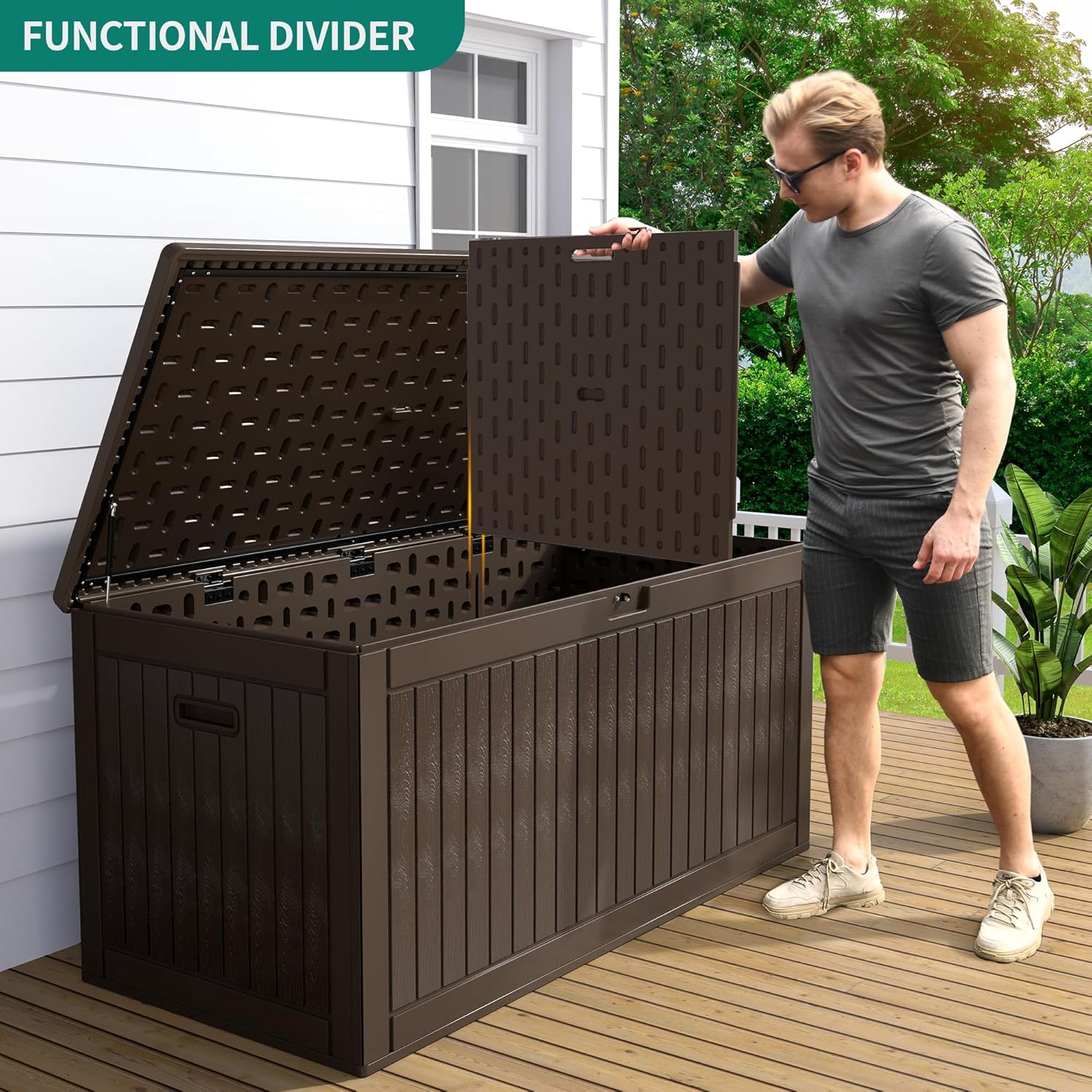 YITAHOME 260 Gallon Extra Large Deck Box, Double-Wall Resin Outdoor Storage Box with Flexible Divider for Patio Cushions Pool Supplies Garden Tools, 1000lbs Load Capacity, Lockable&Waterproof (Brown)