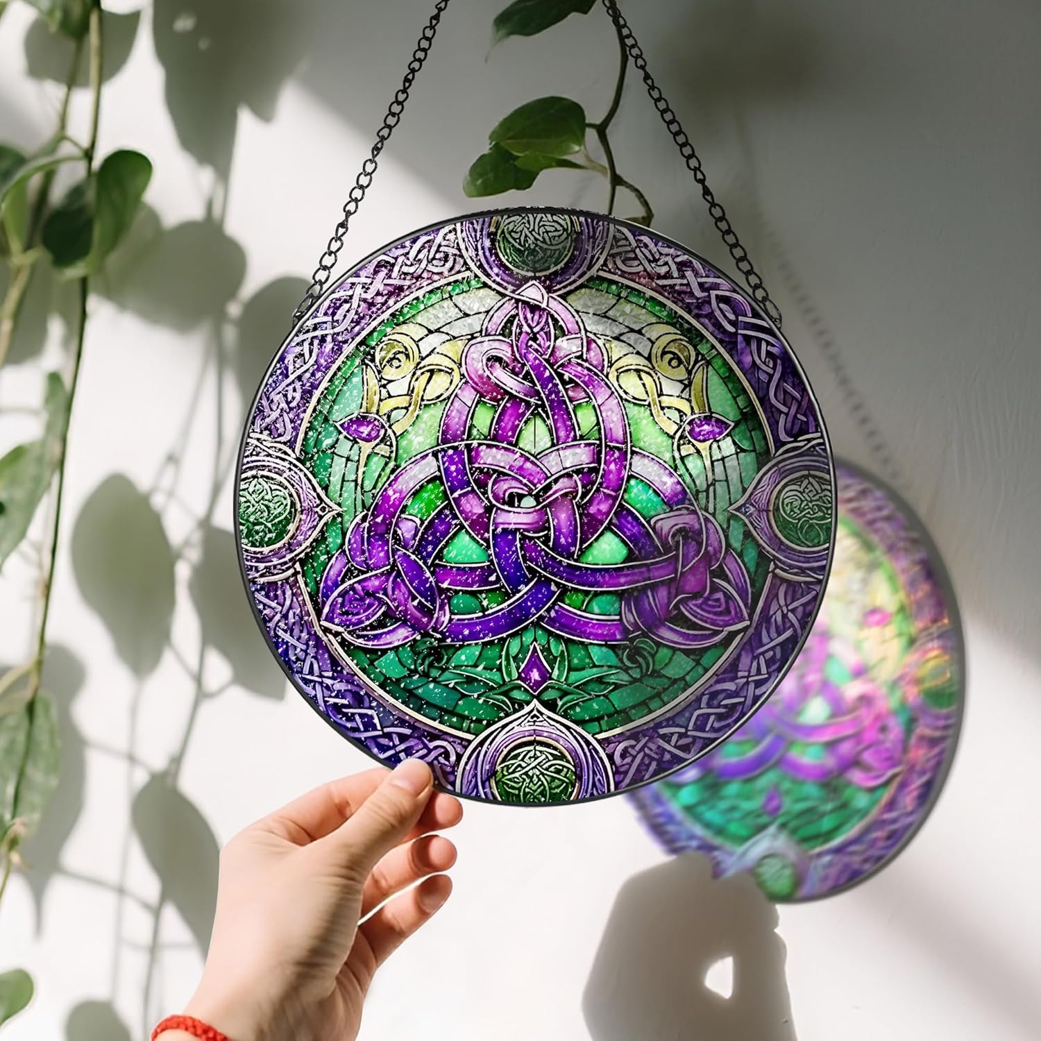 Stained Glass Window Hanging, LAOWEIKI 8'' Celtic Knot Suncatcher, Stained Glass Ornament, Suncatchers for Windows Hanging, Window Decor, Outdoor or Indoor, Gifts for Friends, Women, Art Lover