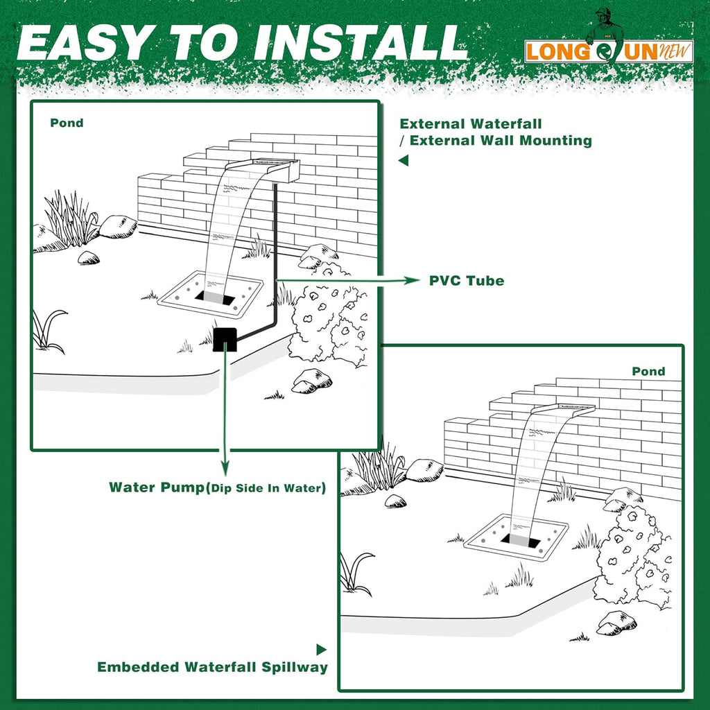 Waterfall Pool Fountain, LONGRUNNEW Stainless Steel Waterfall Spillway with Pipe Connector Kits for Outdoor/Indoor Decorative, 23.6 Inches Pool Water Feature for Garden Patio, Backyard Koi Pond Decor