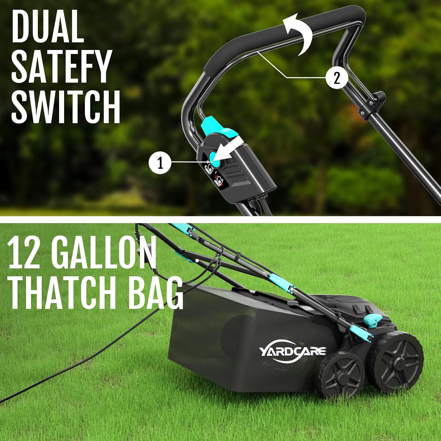 16‑Inch 15Amp 2‑in‑1 Electric Dethatcher & Scarifier with 5‑Position Depth Adjustment, 12 Gallon Removable Grass Collection Bag, Foldable Design, Lawn Thatcher for Yard Lawn Garden Care