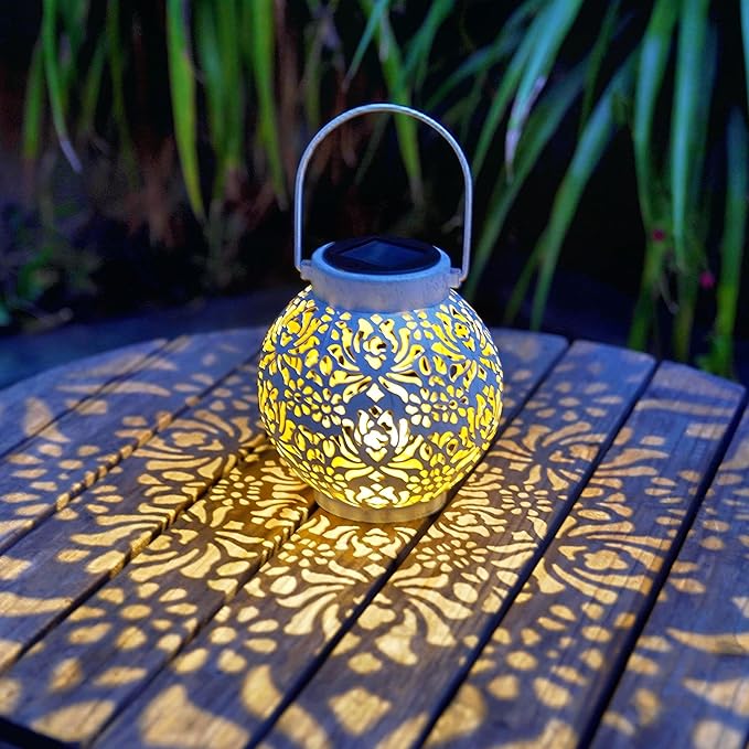 Set of 2 Outdoor Solar Hanging Lantern Lights Metal LED Decorative Lamp for Garden Patio Courtyard Lawn and Table with Hollowed-Out Design (White)