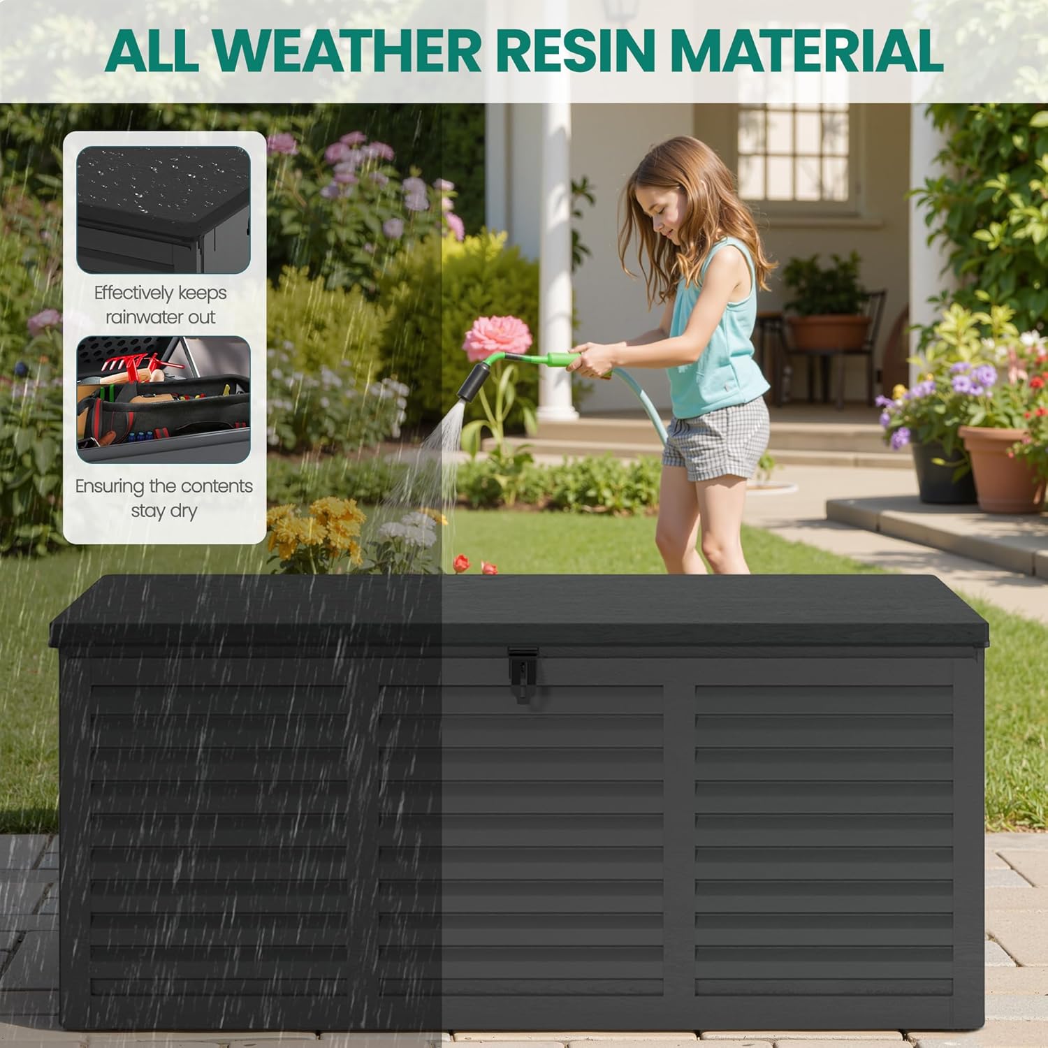 130 Gallon Outdoor Deck Box, Waterproof Resin Box with Lockable Lid, UV-Resistant for Cushions, Garden Tools & Pool Accessories (BLACK), Patio Furniture