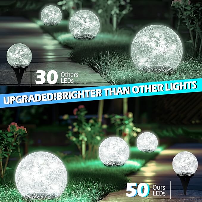 Garden Solar Ball Lights Outdoor Waterproof, 50 LED Cracked Glass Globe Solar Power Ground Lights for Path Yard Patio Lawn, Outdoor Decoration Landscape White (2 Pack 4.7'')