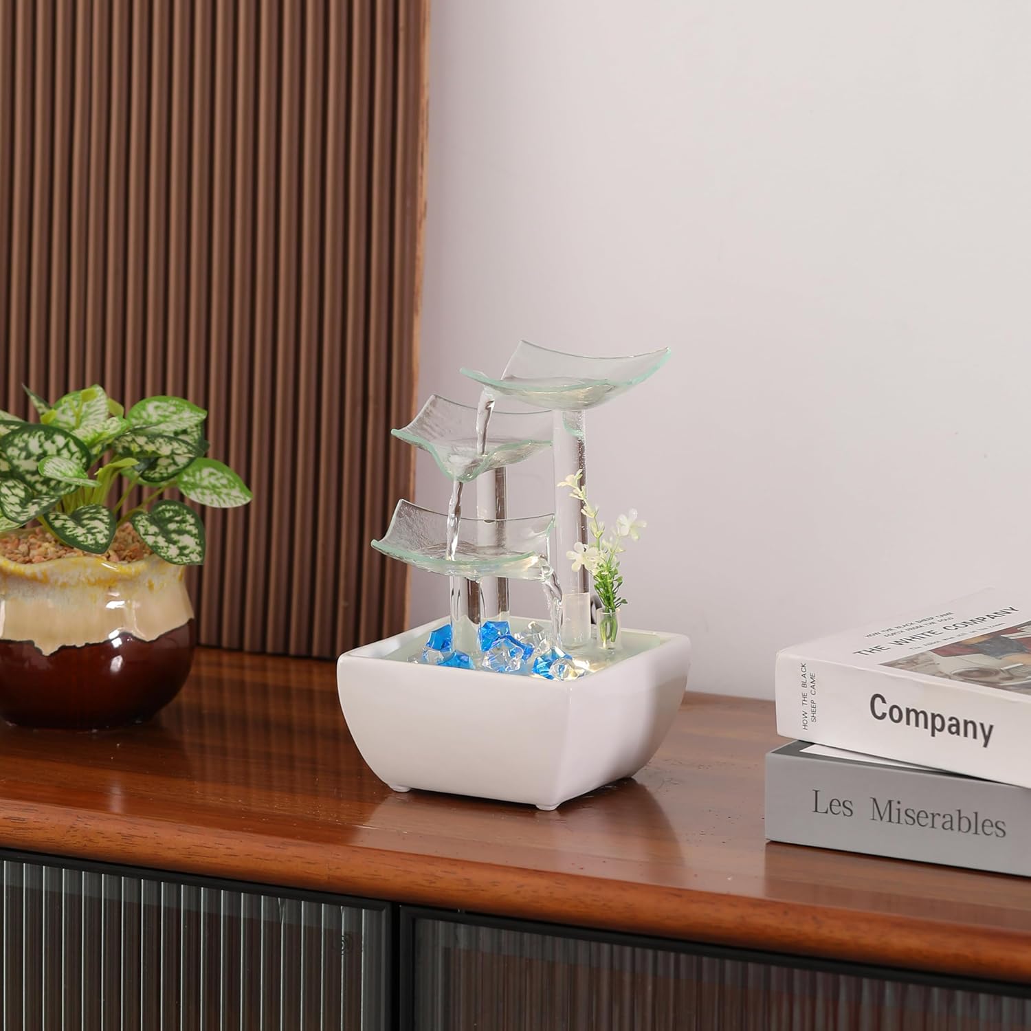 Ceramic and Glass Tabletop Fountain for Indoor and Home Decoration Table Desk Office Patio White